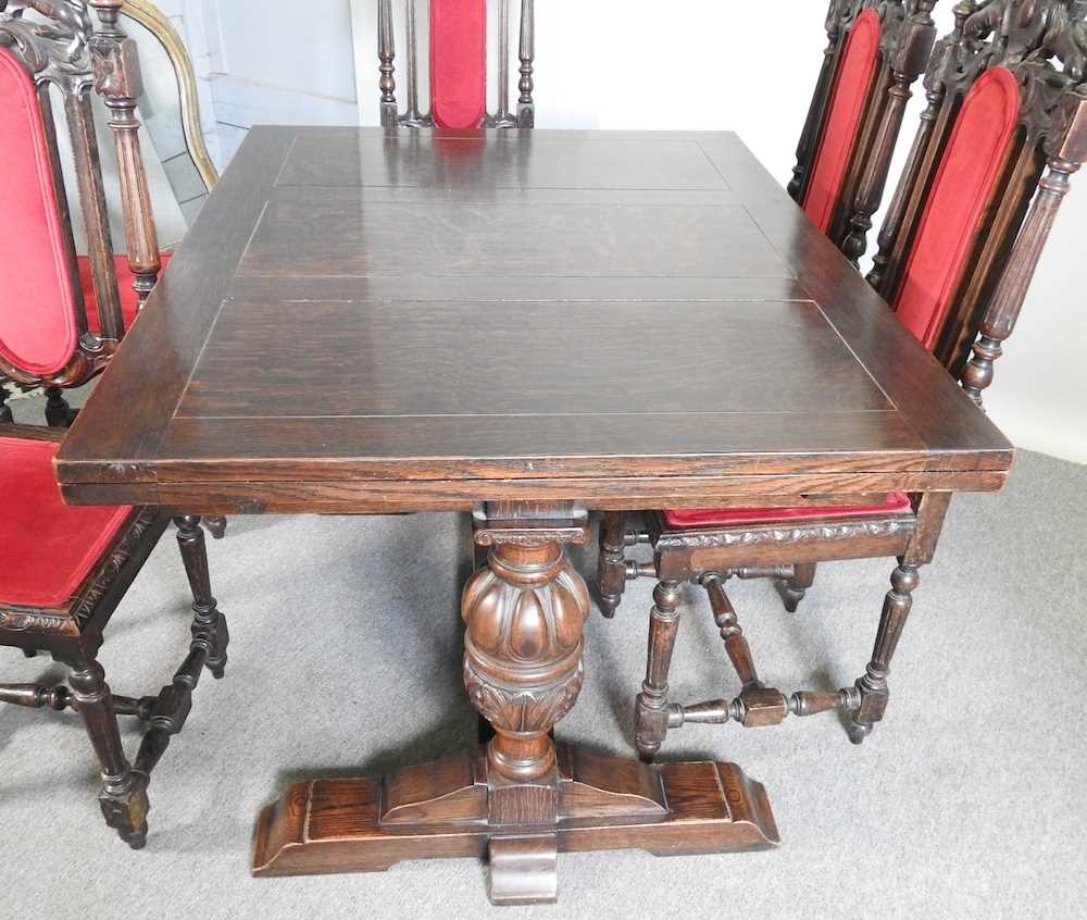 An Old Charm style oak draw-leaf dining table, on cup and cover legs, together with a set of early - Image 2 of 5