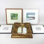 A small ornate gilt framed wall mirror, 42 x 38cm, together with a collection of pictures (5)