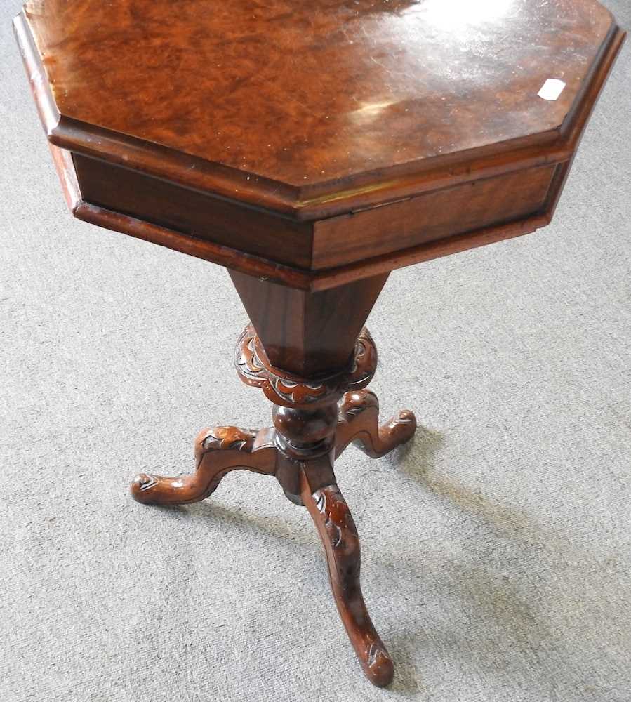 A Victorian burr walnut trumpet shaped workbox, with a fitted interior, on a tripod base, 42cm wide - Image 2 of 5