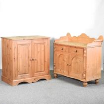 A pine side cabinet, with a shaped gallery back, 108cm wide, together with a cabinet (2) 108w x