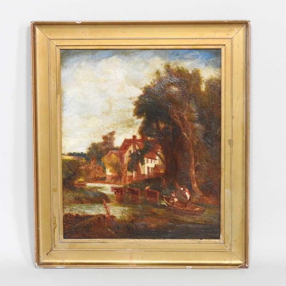 Manner of John Constable, 19th century, figures on a punt, oil on canvas, 29 x 24cm