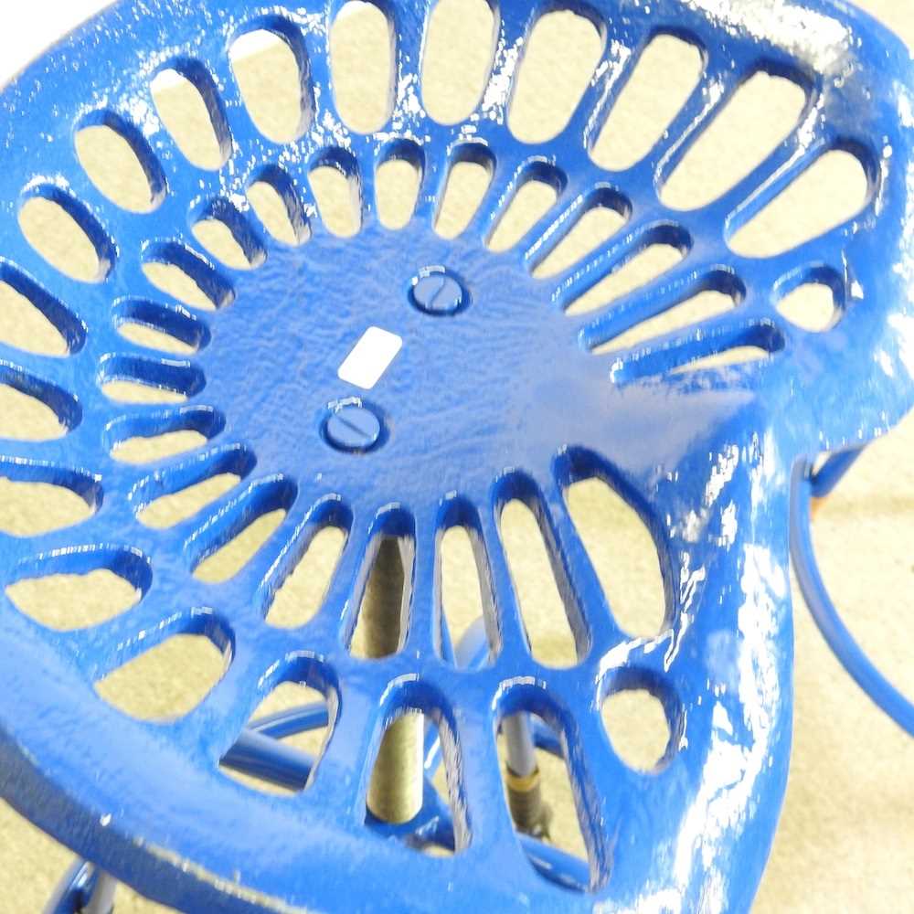 A pair of blue painted metal tractor seat bar stools (2) - Image 2 of 4