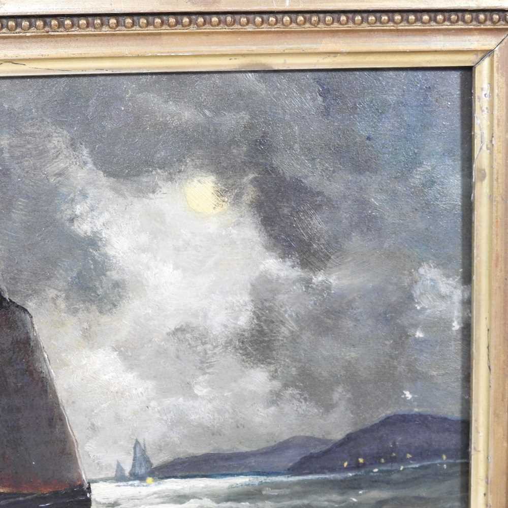 English school 19th century, a fishing vessel at sea by moonlight, oil on board, 19 x 24cm - Image 4 of 5