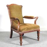 A William IV upholstered rosewood and mahogany elbow chair, on turned and fluted legs Overall