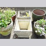 A pair of cast stone garden pots, 40cm wide, together with four various garden pots (6)