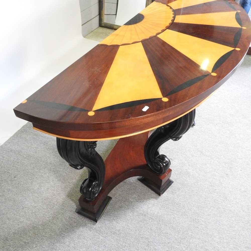 A continental parquetry console table, 20th century, with a half round radially veneered top, on - Image 4 of 6