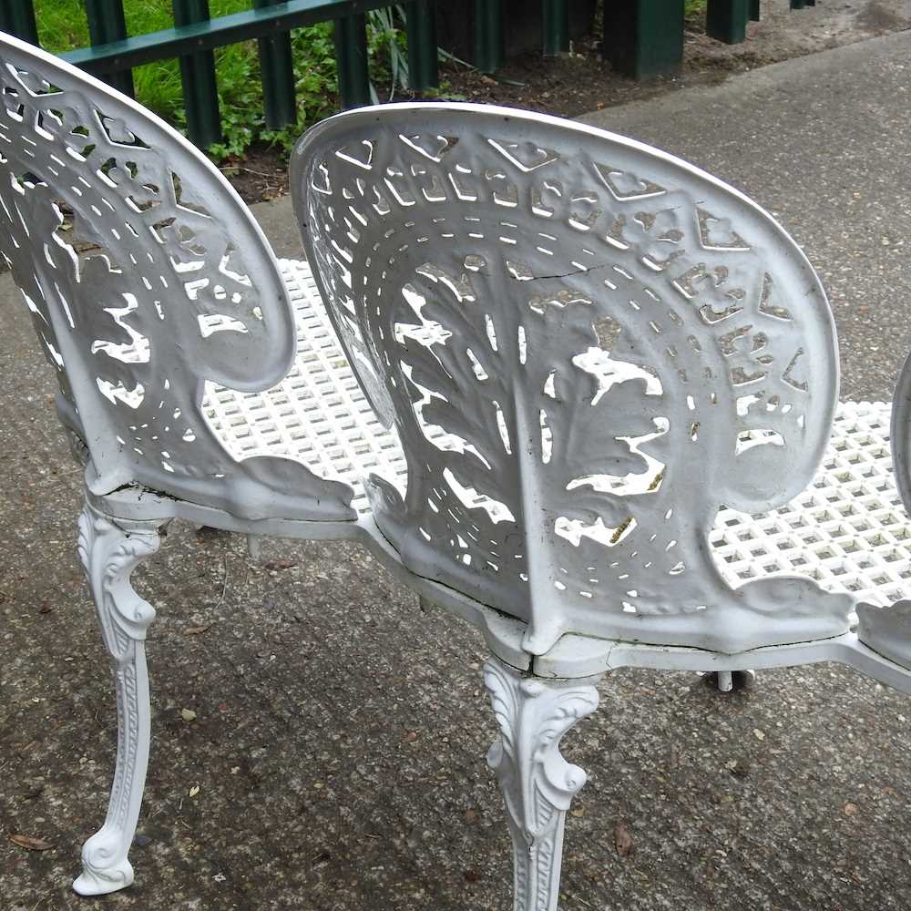 A white painted triple chair back metal garden seat, 136cm wide 133w x 56d x 84h cm Overall - Image 2 of 5