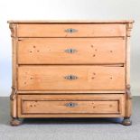 An early 20th century continental pine chest, containing four long drawers, on bun feet 102w x 52d x