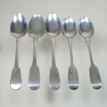 Three George III silver fiddle pattern teaspoons, by William Bateman, together with two Victorian