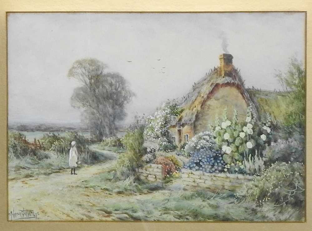 Joan Molyneux Stannard, 1903-1942, a figure on a path by a cottage, signed watercolour, 29 x 39cm - Image 3 of 6