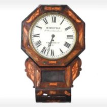 A 19th century rosewood, cut brass and inlaid drop dial wall clock, the case inlaid with flags and