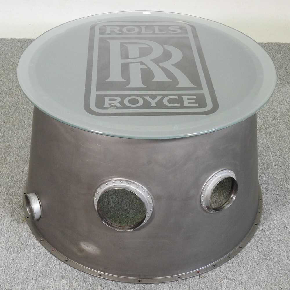 A coffee table, made from the cowling of a Rolls Royce tornado engine, the glass top, etched with - Image 5 of 6