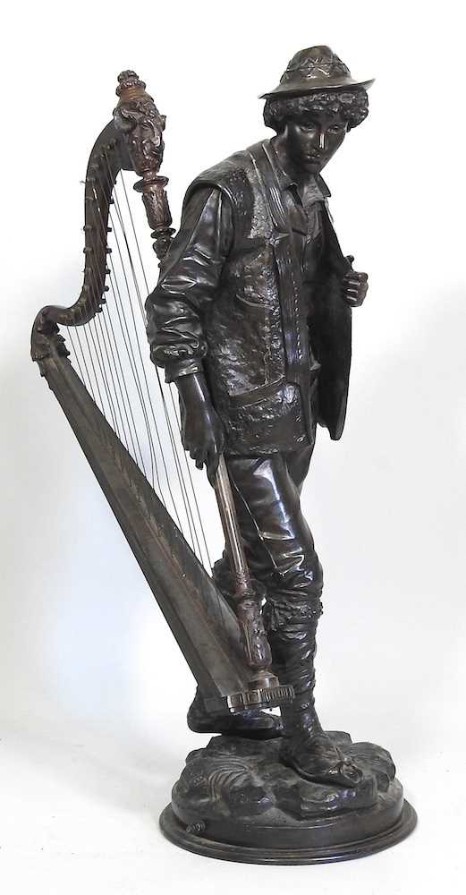 Eutrope Bouret, 1833-1906, Sans Famille, bronze sculpture of a harpist, signed to base, 67cm high - Image 10 of 11