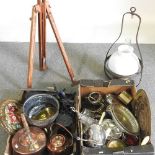 A collection of various metalwares, together with an easel and a hanging light