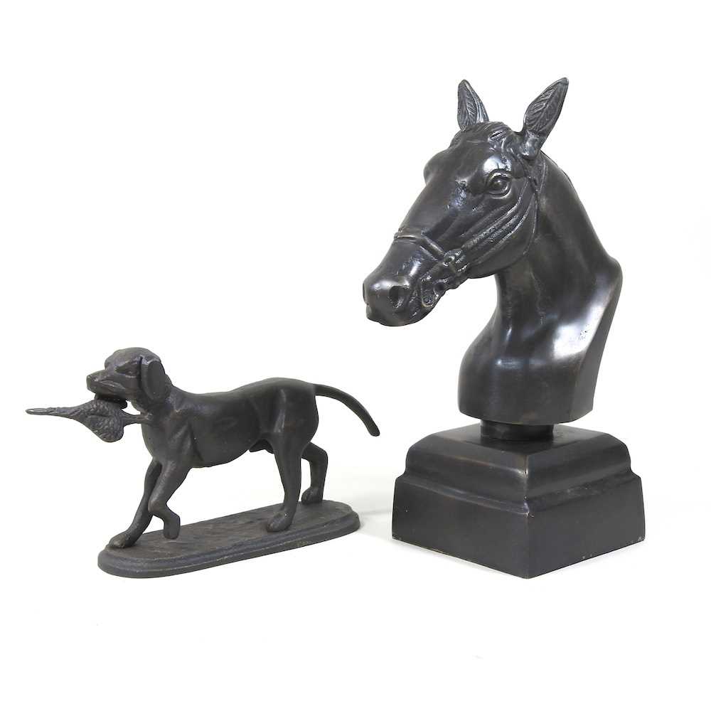 A bronze coloured model of a horse head, 29cm high, together with a bronze retriever (2)