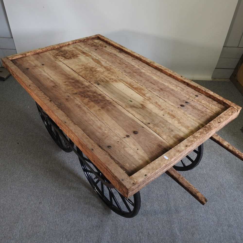 A thela wooden hand cart, on a metal base, with spoked wheels 160w x 98w x 79h cm - Image 3 of 3