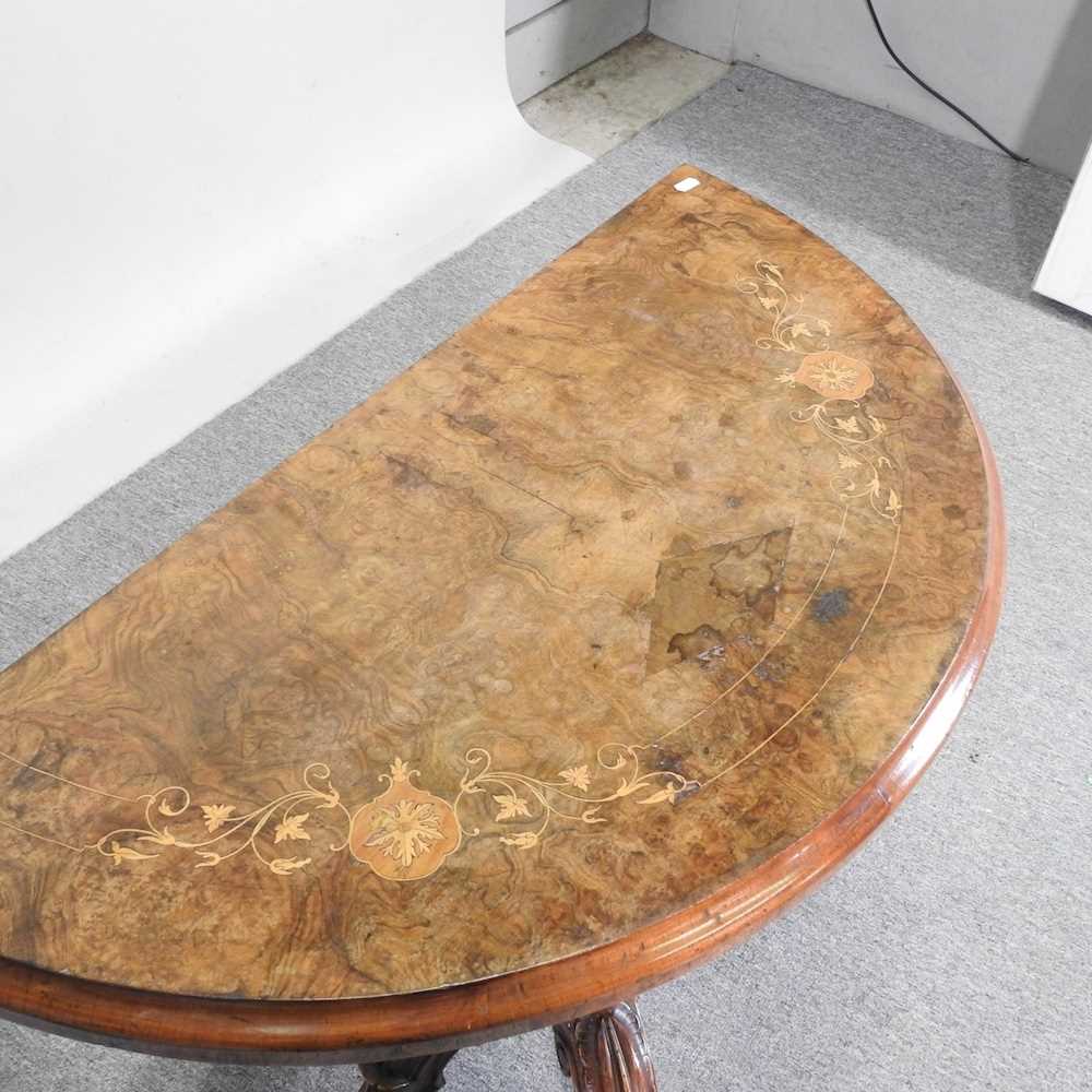 A Victorian burr walnut and marquetry folding card table, with a hinged half round top, on a - Image 4 of 5