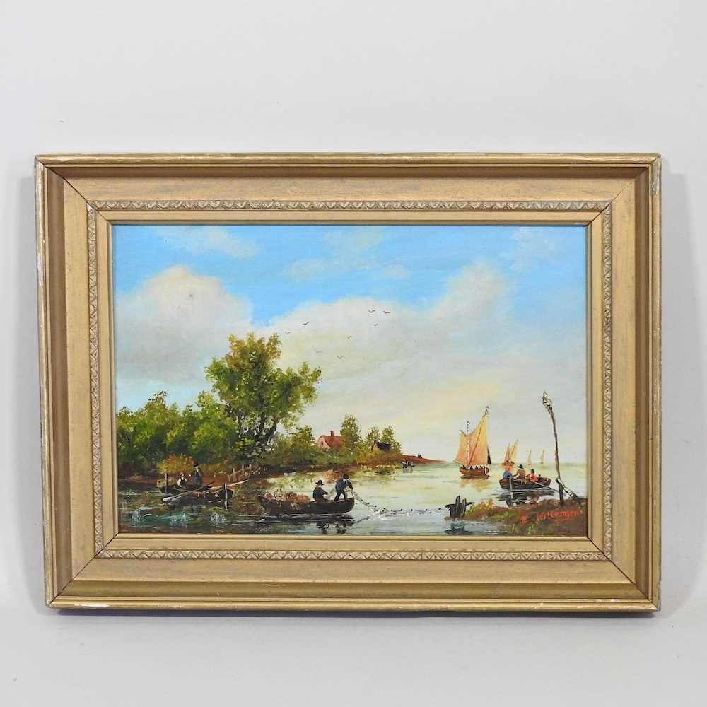 Dutch school, 19th century, river landscape with fishermen, oil on board, 19 x 29cm