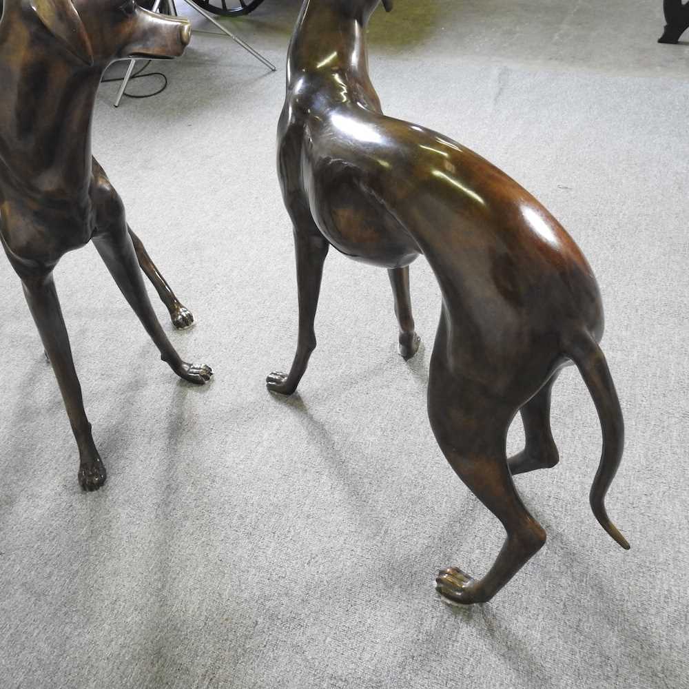 A pair of life sized bronze sculptures of greyhounds, each shown standing, 84cm high (2) - Image 2 of 6