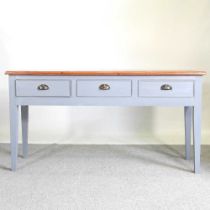 A blue painted oak side table, with a natural top, containing three short drawers 162w x 49d x 86h