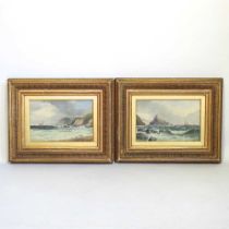 John Mundell, 1818-1875, ships off a rocky coast, signed oil on panel, a pair, 31 x 20cm (2)