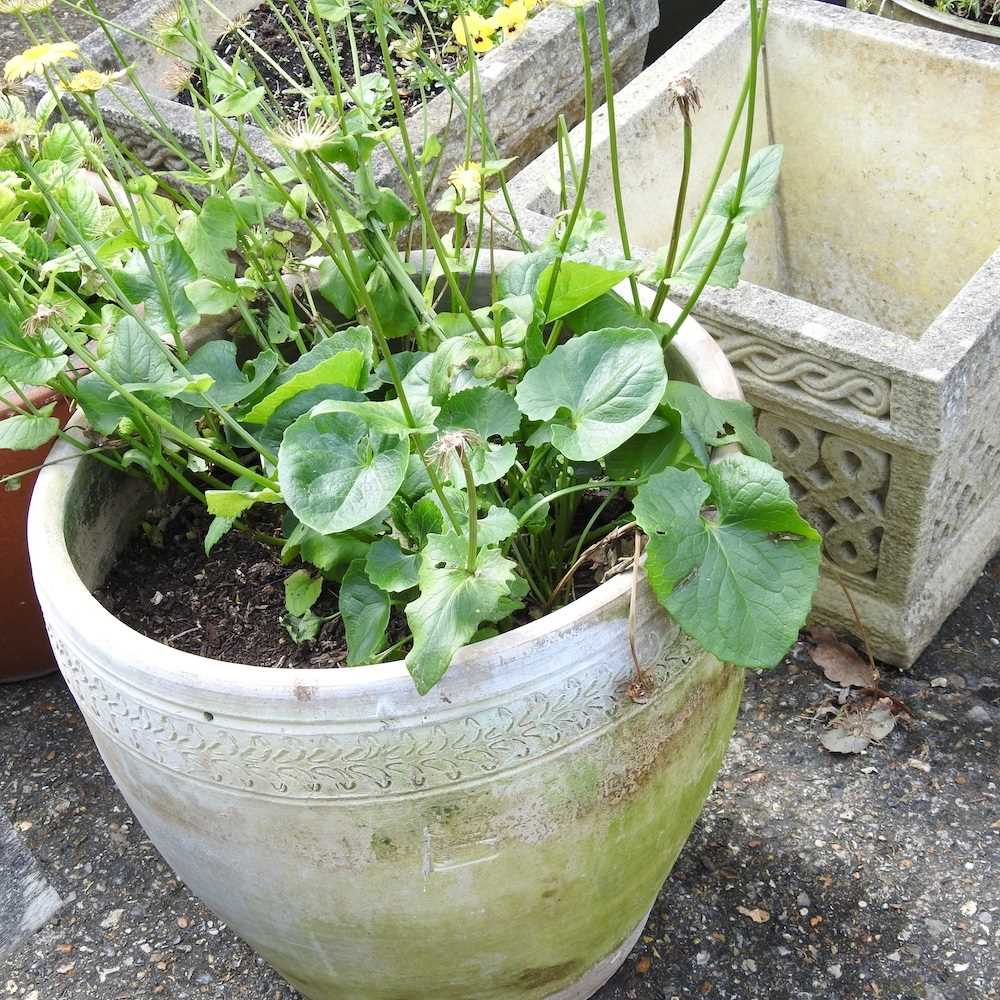 A pair of cast stone garden pots, 40cm wide, together with four various garden pots (6) - Image 4 of 5