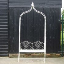 A white painted metal garden arbour bench 104w x 40d x 216h cm