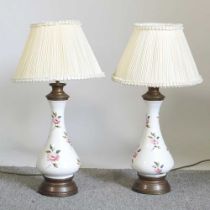 A pair of pottery table lamps and shades, 60cm high overall