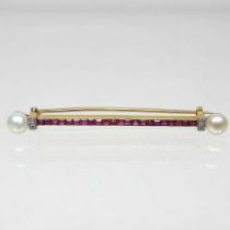 A gold, ruby, diamond and pearl bar brooch, of Edwardian design, set with a row of rubies, with