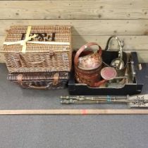 A Victorian brass coal scuttle, together with various metalwares and wicker hampers