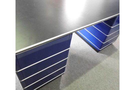 A Muller Chrysler contemporary cobalt blue painted steel twin pedestal desk, containing seven - Image 6 of 6