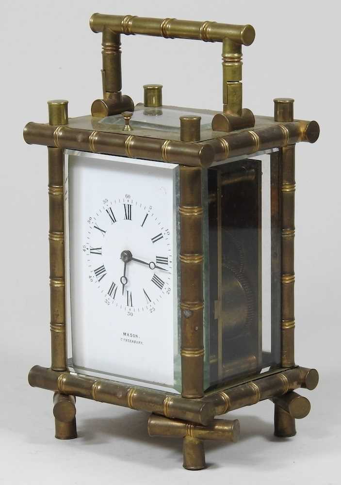 A 19th century brass cased carriage clock, with a simulated bamboo case, the white enamel dial - Image 3 of 10