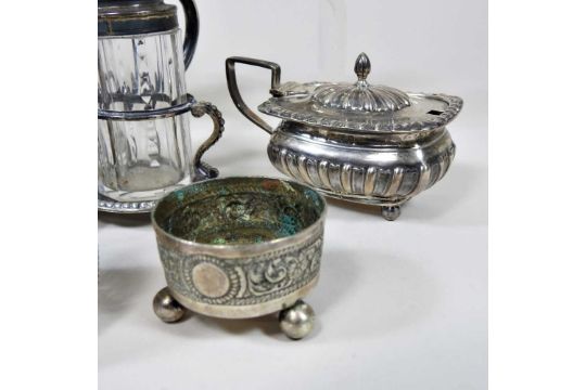 An early 20th century silver cream jug, together with various silver and plated condiments - Image 6 of 6