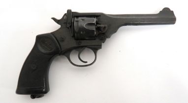 Deactivated Webley MKIV Service Revolver 5 inch, .38, blackened barrel with front blade sight.