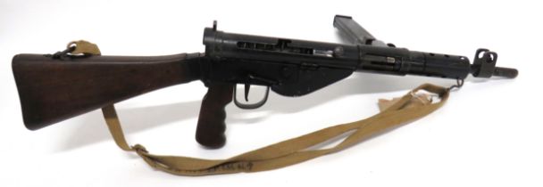 Deactivated MKV Sten Gun 9 mm, 8 inch barrel.  Front hooded sight.  Short barrel shroud.  Steel