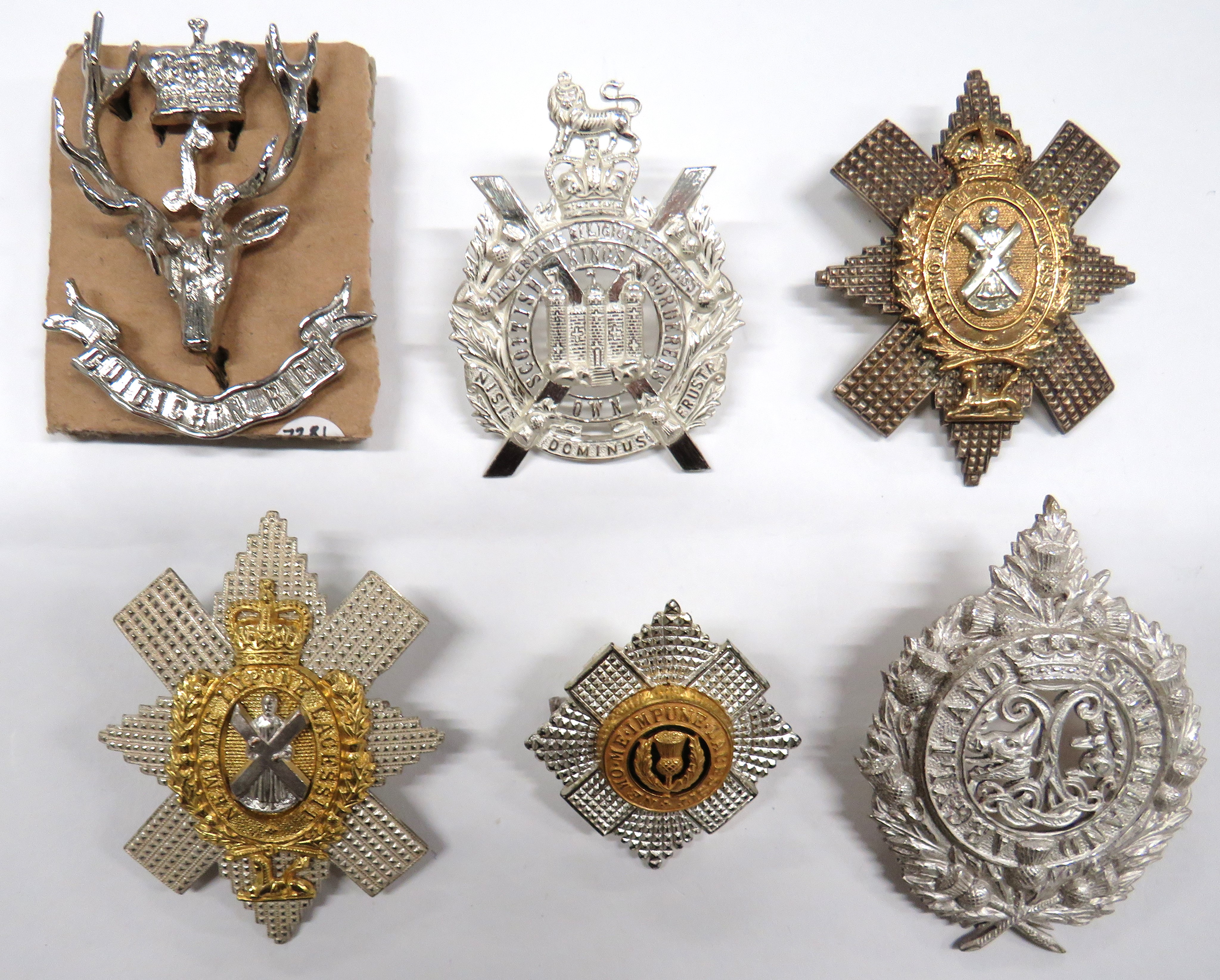6 x Scottish Regimental Bonnet/Cap Badges Including Officer including silvered QC KOSB ...
