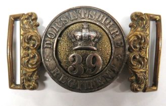 39th Dorsetshire Regiment Victorian Officer's Belt Buckle gilt foliage scroll shoulders.  Silvered