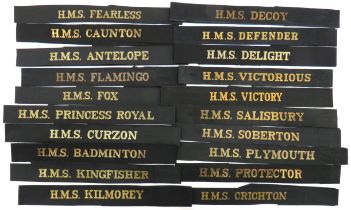 20 x WW2 Pattern Royal Navy Cap Tallies including HMS Fearless ... HMS Caunton ... HMS