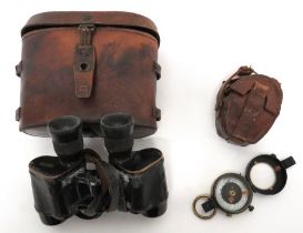 Attributed WW1 Officer's Compass And Binoculars blackened brass, field compass MKVII.  Lift up,