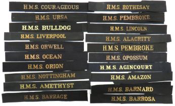 20 x WW2 Pattern Royal Navy Cap Tallies including HMS Amethyst ... HMS Nottingham ... HMS