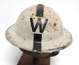 WW2 Head Warden's Steel Helmet white painted crown with central black line and ""W"" to the front