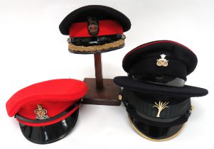 Four Various British Army Caps consisting Brigadier's dress cap.  Dark blue with red band.  Black
