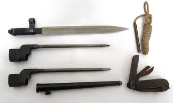 Three Various Bayonets consisting British No 4 MK2 spike bayonet, complete in steel scabbard ...