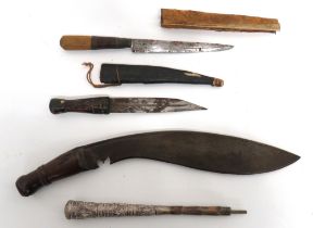 Three Various Knives consisting Indian kukri.  13 3/4 inch, single edged blade of typical form.