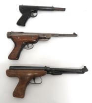 Three Various Air Pistols .22, 7 1/2 inch, blackened, fixed barrel.  Front blade sight.  Lower