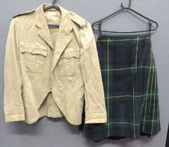 WW2 Pattern Khaki Drill Gordons Doublet And Kilt khaki drill, single breasted, open collar, cut away