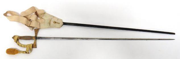 Edwardian Court Dress Sword 31 1/2 inch, double edged, narrow blade.  Etched Kings crown ERVII