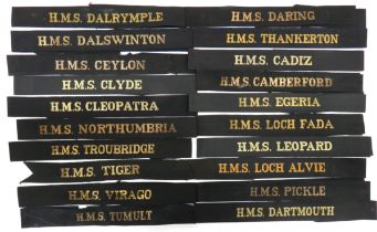 20 x WW2 Pattern Royal Navy Cap Tallies including HMS Dalrymple ... HMS Ceylon ... HMS Cleopatra ...