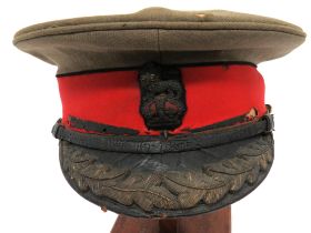 WW1 Period British Staff Officer's Cap By Hawkes khaki, stiff crown and body.  Lower red band with