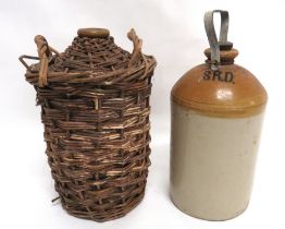 Two WW1 Period ""S.R.D."" Rum Jars consisting brown glazed jar complete with its external wickerwork